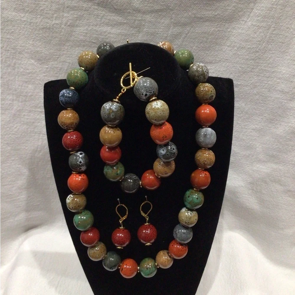 Tribal Earth Toned Colorful Beaded Necklace, Bracelet, and Earring Set